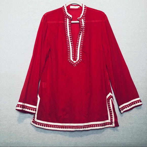 Tory Burch Raspberry Red & Cream Cotton Tunic M - Picture 3 of 12
